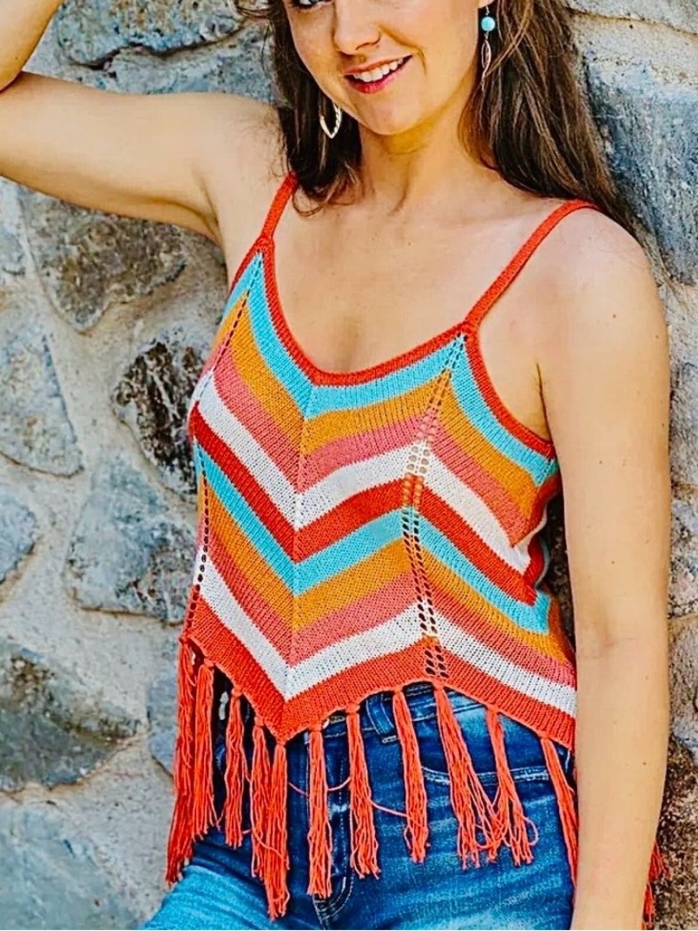 Rock & Roll Denim Crochet Fringe Chevron Tank Top Western Festival